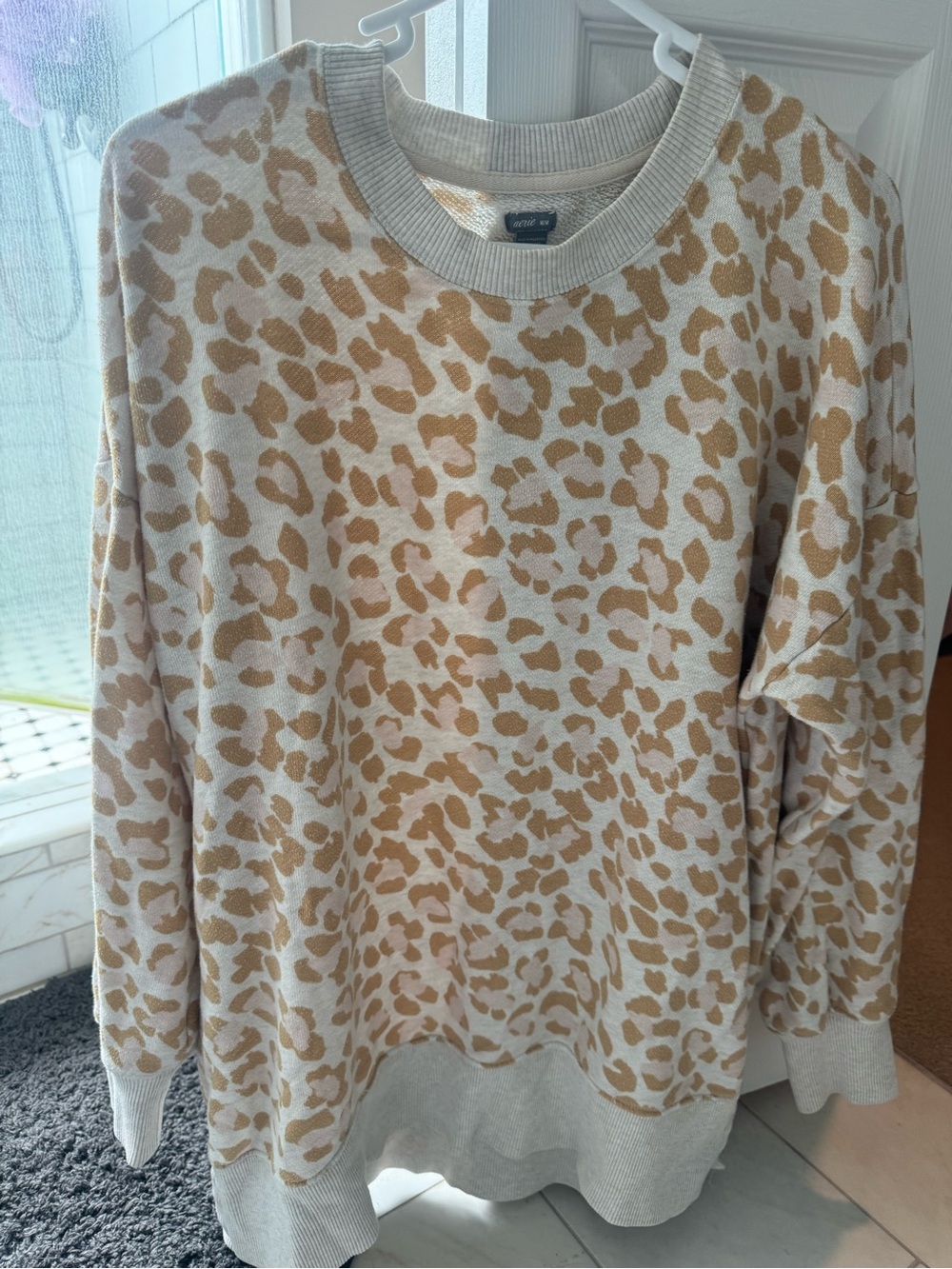 aerie Beige and Tan Leopard-Print Crewneck Sweater